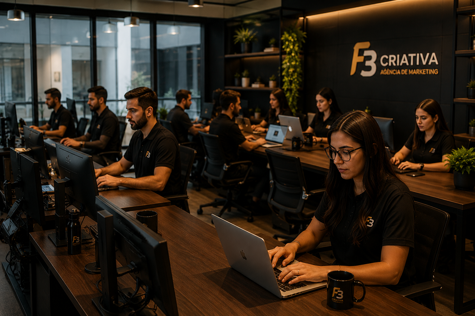 Equipe da F3 Criativa trabalhando no escritório da agência